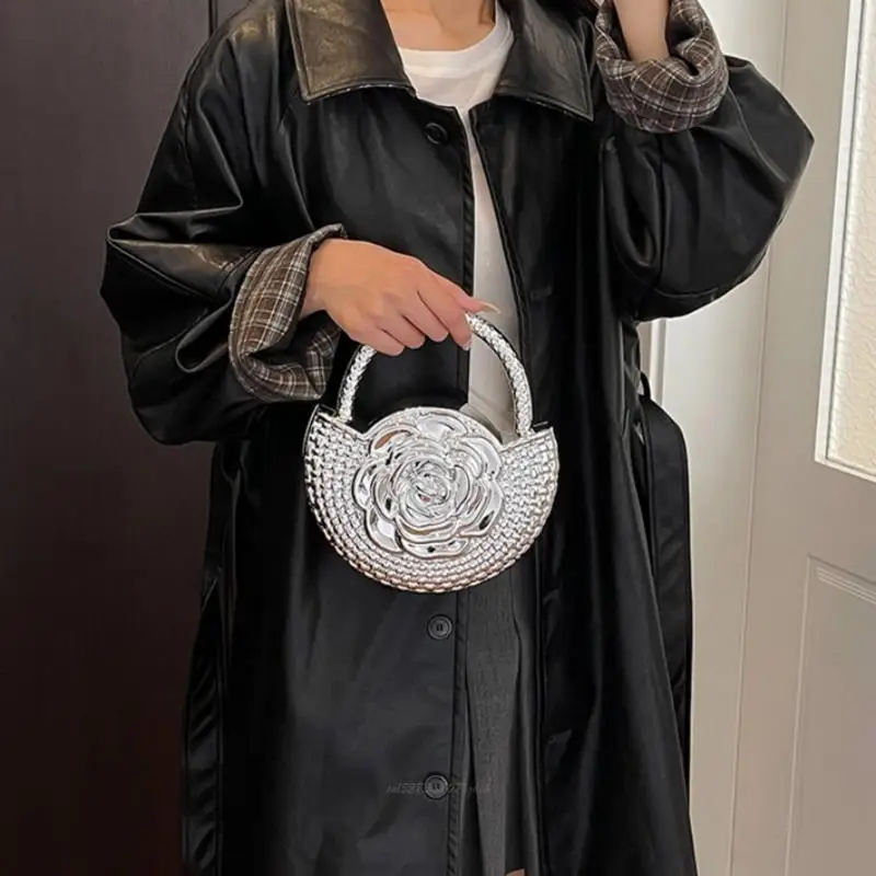 X5XA Top Handle Flower Handbag with Structured Acrylic Form, Dimensional Front Detail, Glossy Finish, and Basketweave Texture