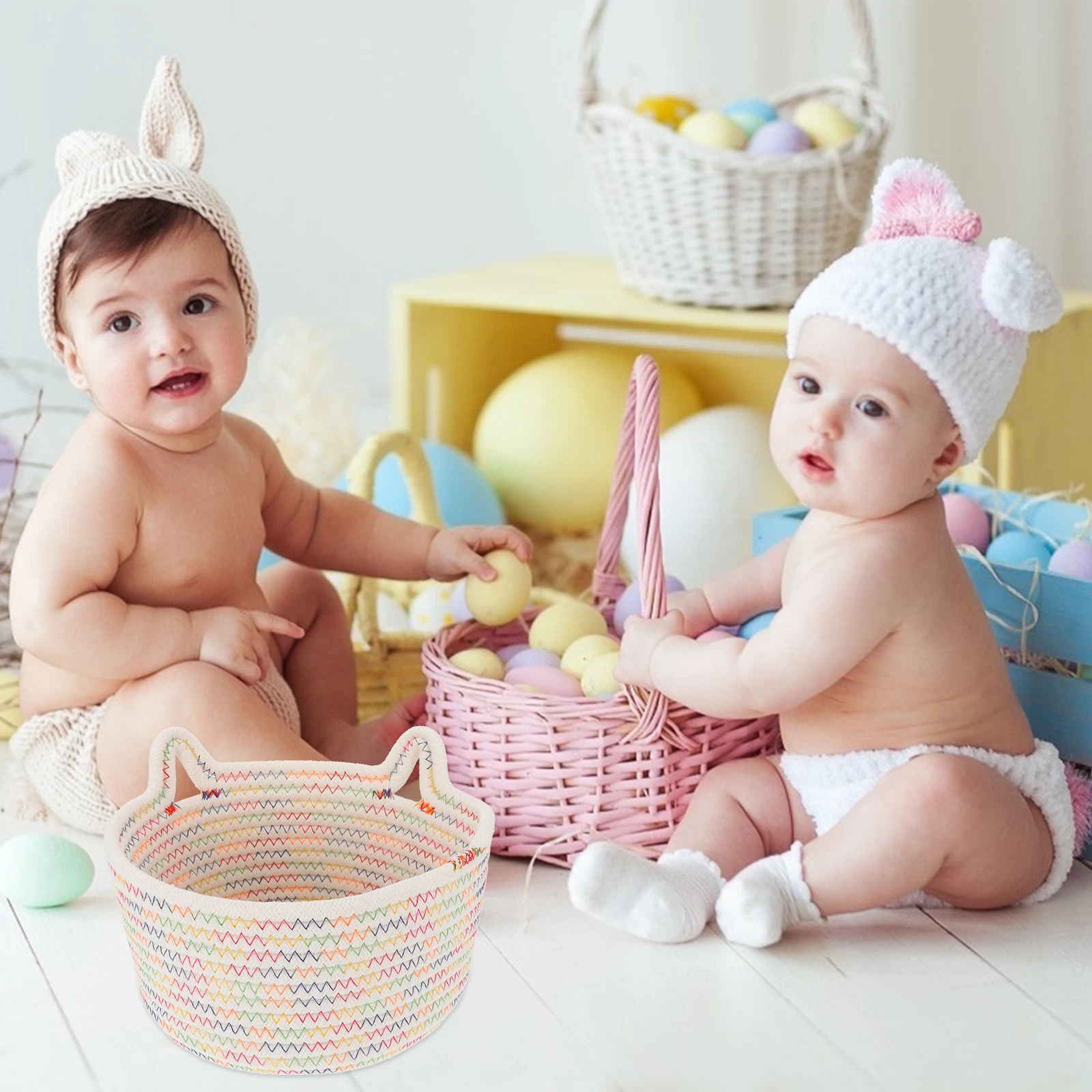 

1pc Cat Ear Basket Woven Storage Box For Nursery Woven Storage Organizer Room Desktop Organizer Basket Home Decoration