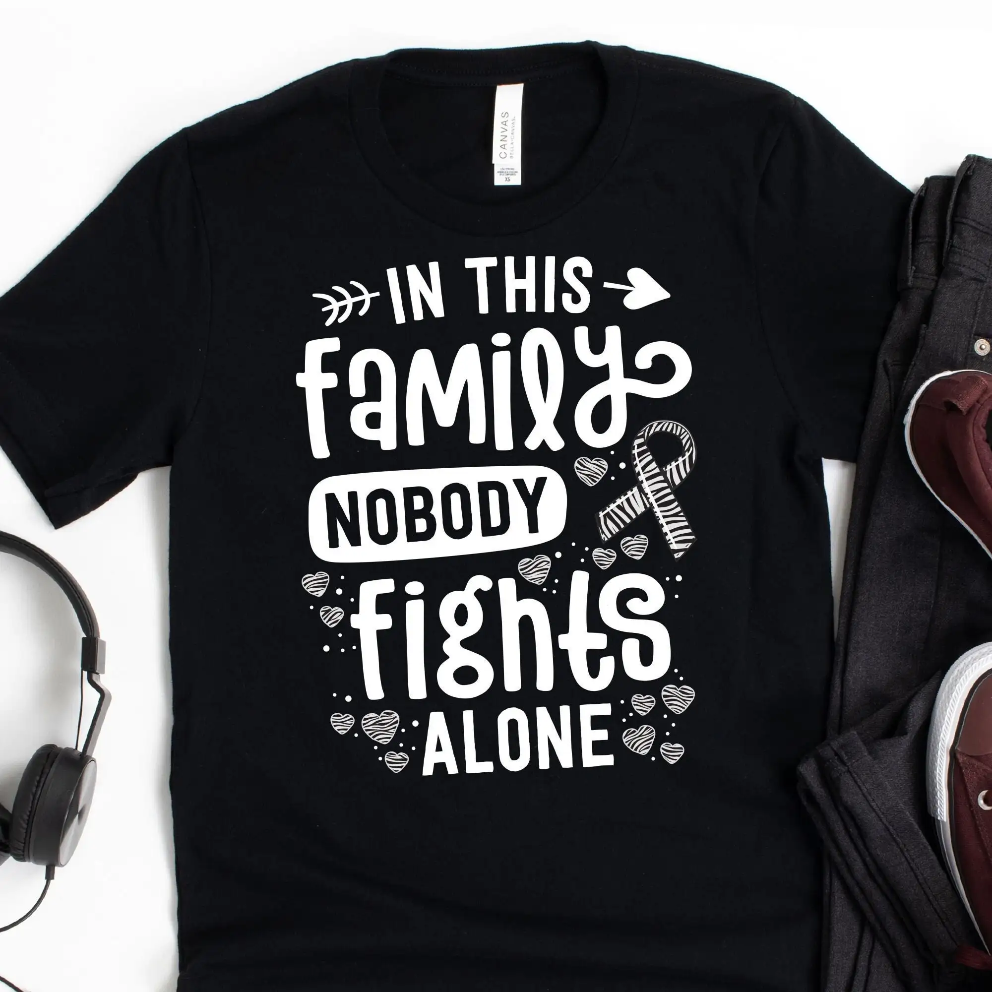 

In This Family Nobody Fights Alone T Shirt Rare Disease Ribbon Zebra