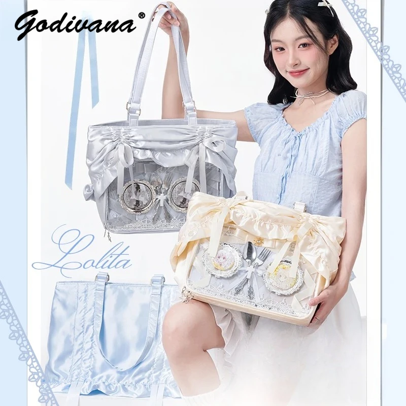Original Student Girls Pleated Satin Ruffled Shoulder Bag Japanese Style Large Capacity Ita Bag Women's Tote Handbags