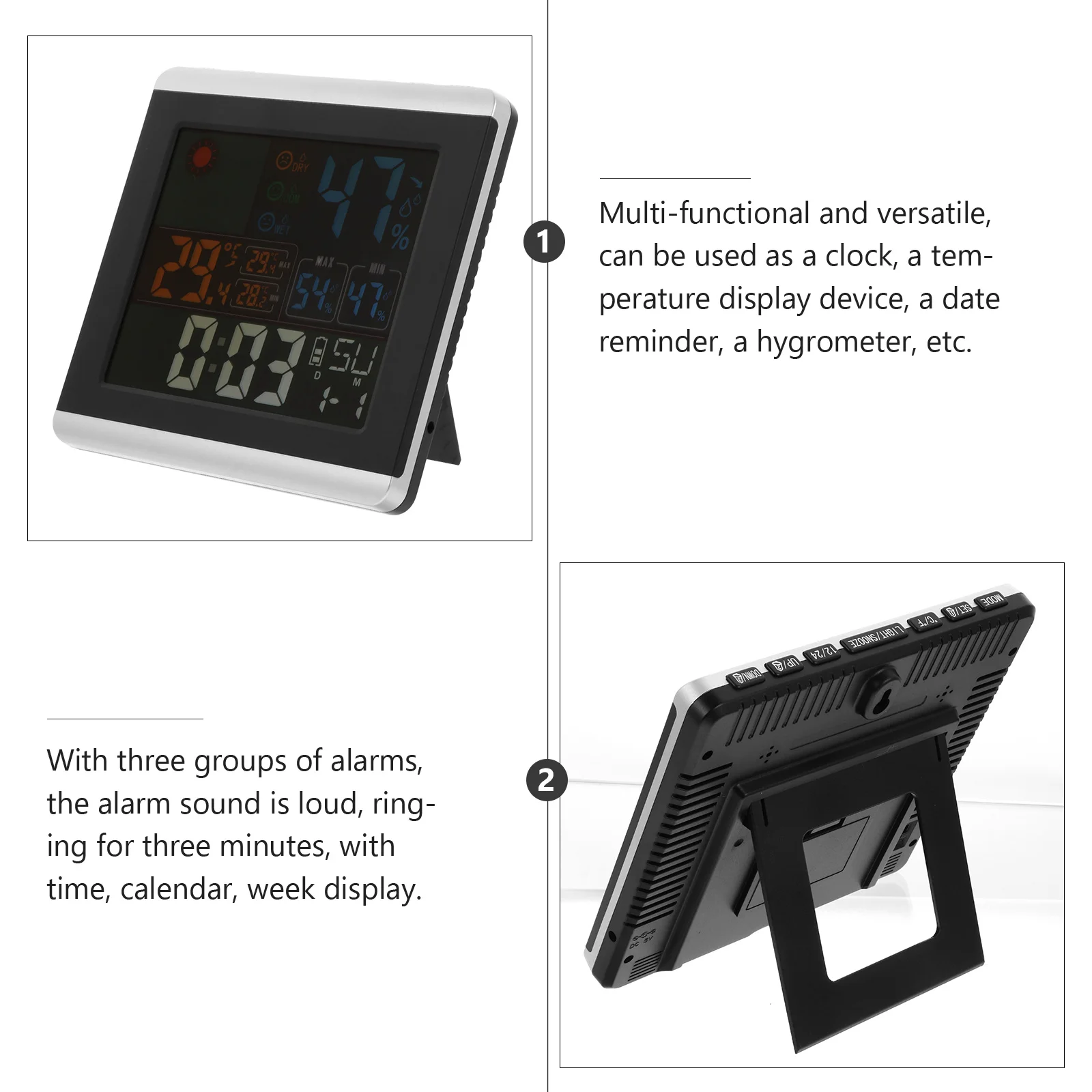 

1Pcs Temperature Humidity Alarm Clock LED Display Multi Functional Digital Clock Large Screen Calendar Week Display