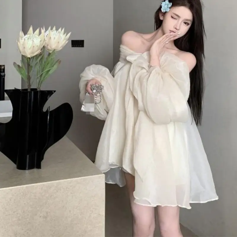 Elegant Temperament Girl Bow One Shoulder Tops Autumn New Gentle Women's Loose A-Line Skirt Comfortable Versatile Skin Friendly
