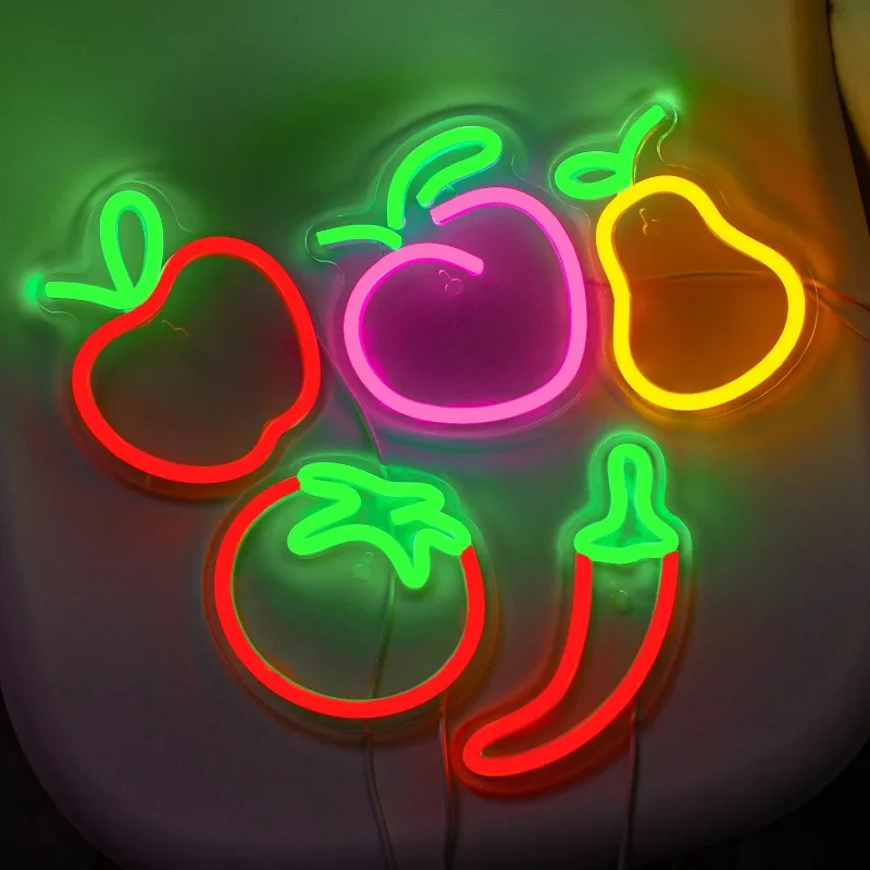 Mini Apple Peach Fruit Neon Sign Pear Chili Led Neon USB Powered Cute Mini Decor Neon with Switch for Bar Hotel Party Game Kids