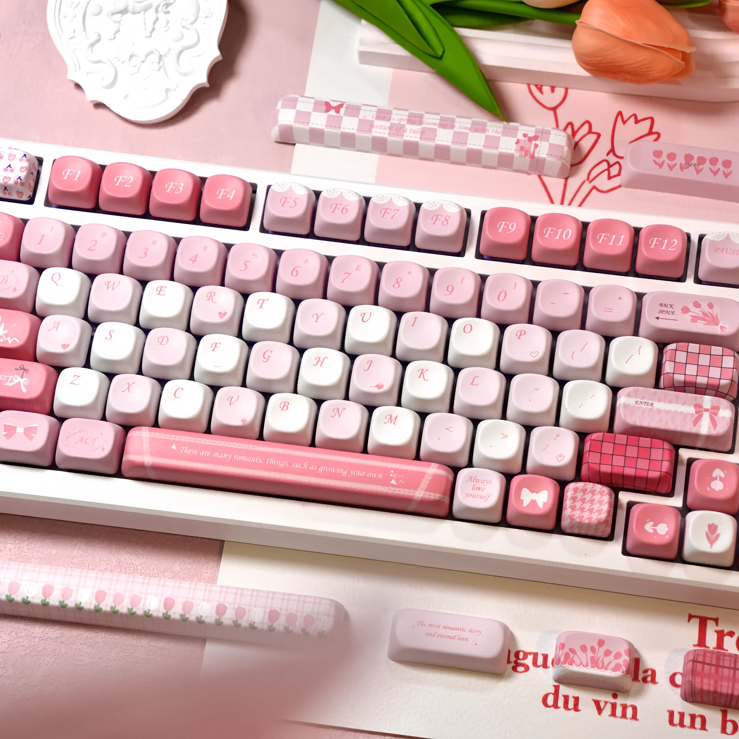 Moa TULIP Keycaps 140 สีชมพูสดขนาดเล็กน่ารักรอบสไตล์ฝรั่งเศสตัวอักษร L ใส่คีย์ 2.25/2.75U Space Bar Alice รูปแบบ Keycaps