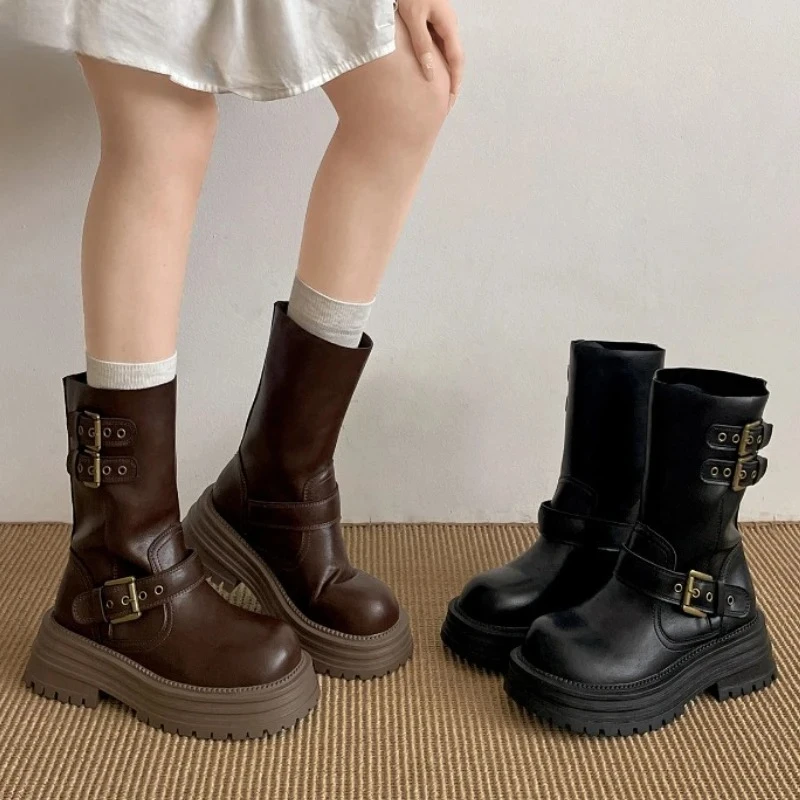 

Дизайнерские женские короткие сапоги с пряжкой на ремне, модные рыцарские ботинки на платформе и каблуке, осенне-зимняя женская обувь, Zapatos Mujer