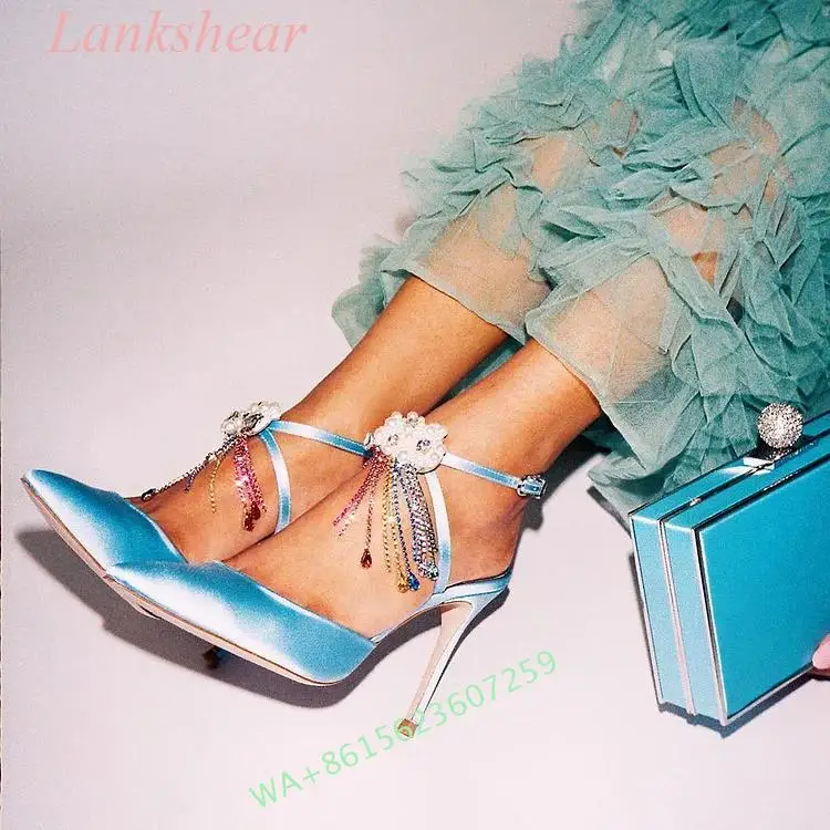 2024 Summer New Women's Light Blue Satin Ankle Strap Stiletto Heels Rhinestone Fringe Pumps Dress Elegant Pointed Party Pumps