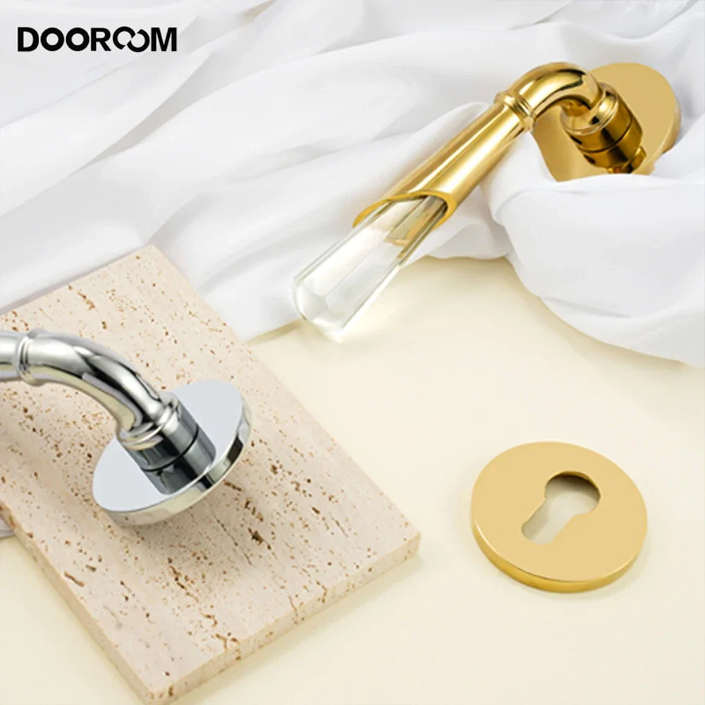 DOOROOM Brass Door Lock French Crystal Door Handle Indoor Bright Silver Room Household Silent Magnetic Suction Bedroom Lock