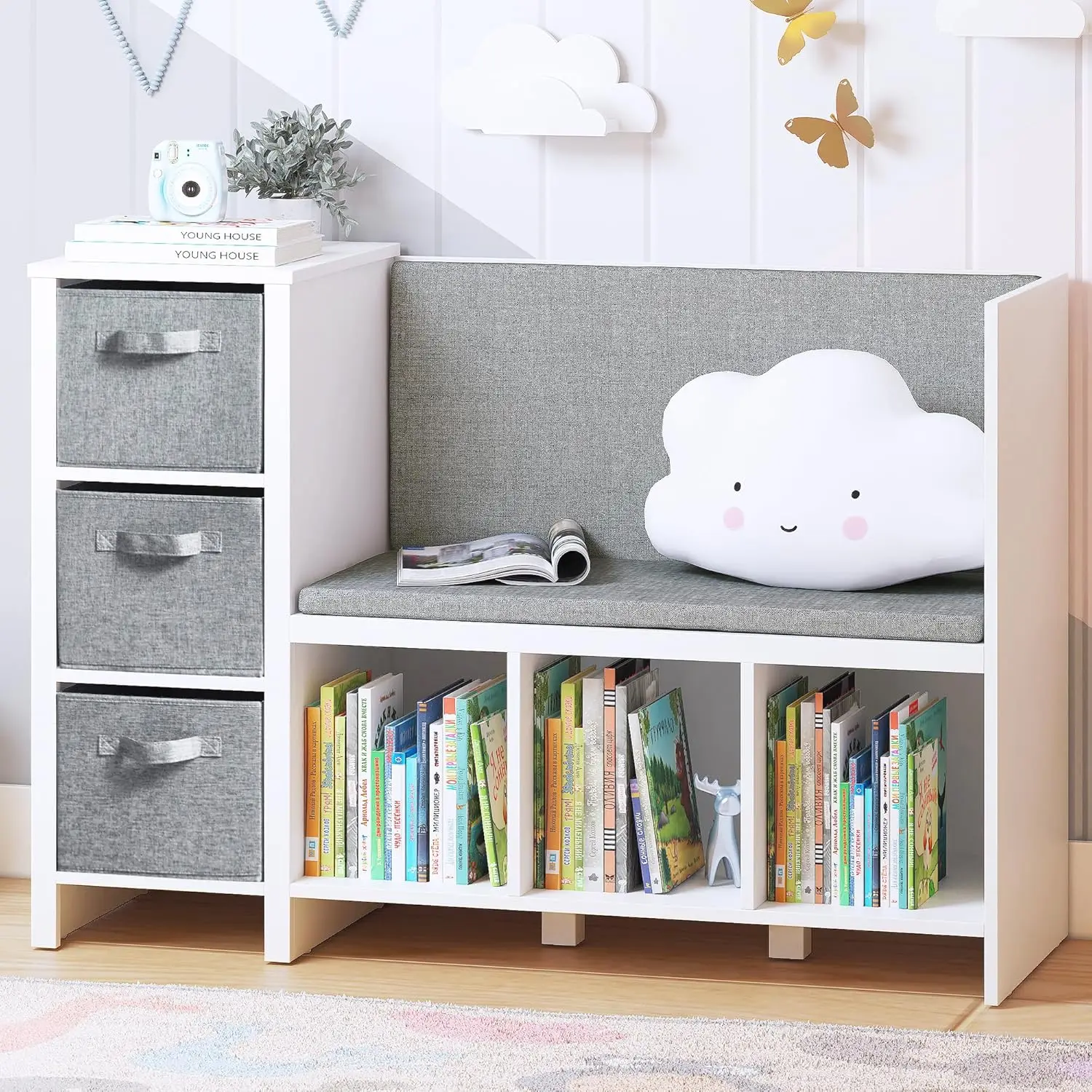 

Kids Reading Nook Bench with Bookshelf, Storage Organizer and Seat Cushion for Bedroom & Entryway in White