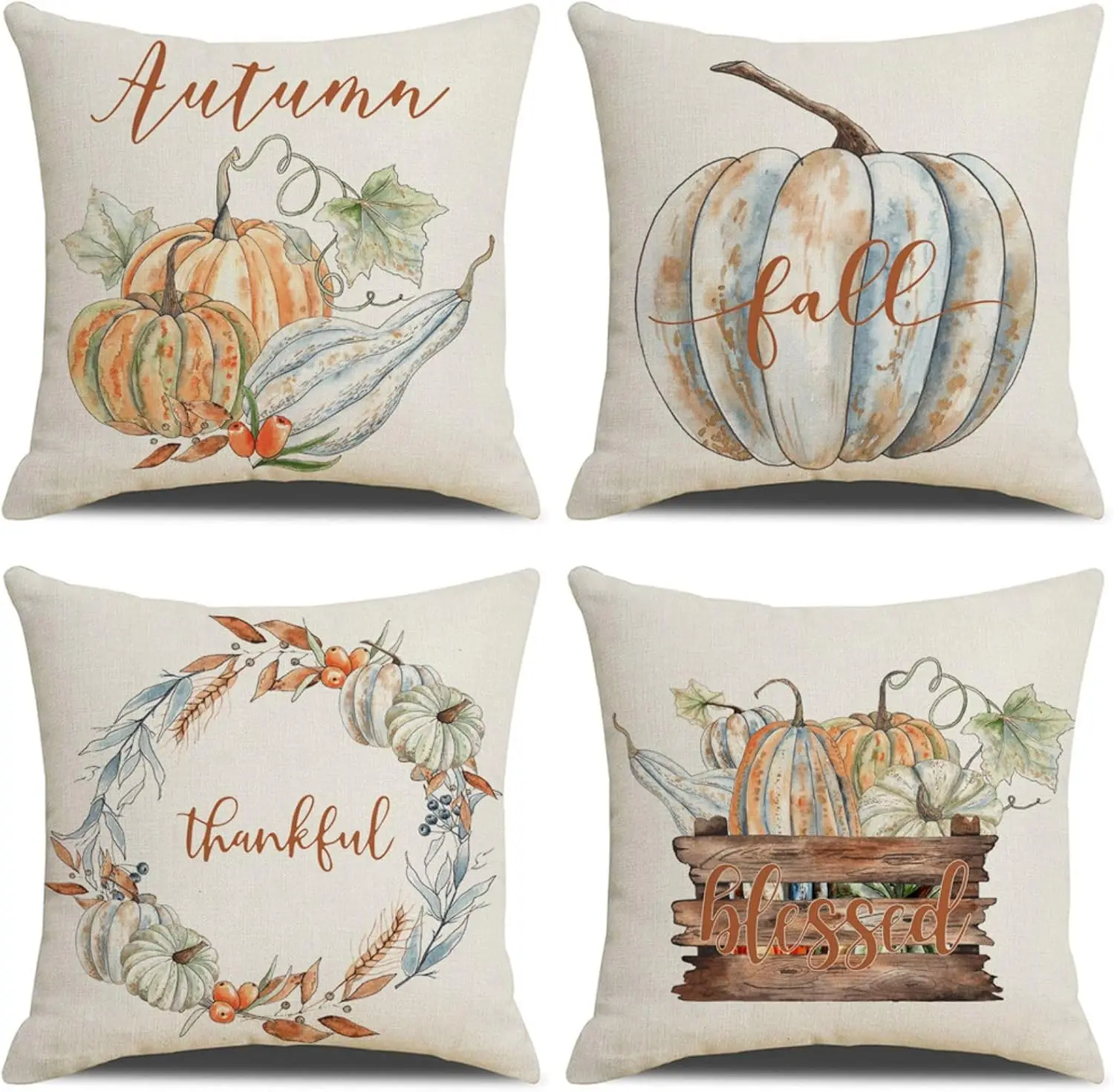 Fall Throw Pillow Covers of 4, Watercolor Pumpkin Maple Leaf Pillows Autumn Thanksgiving Harvest Thankful Pillows Cushion Case
