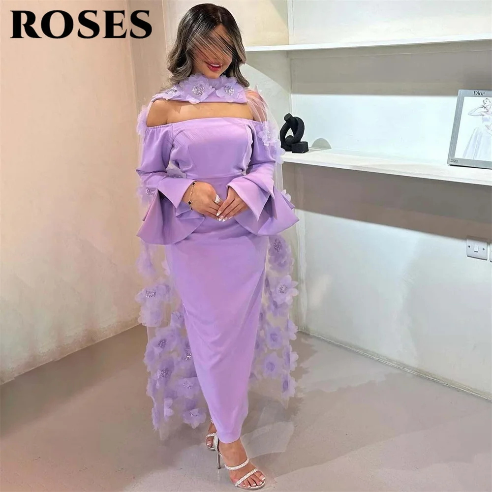 

ROSES Фиолетовое пятно Мусульманское вечернее платье с 3D-цветами Платье знаменитости Труба с открытыми плечами Платья для особых случаев по индивидуальному заказу