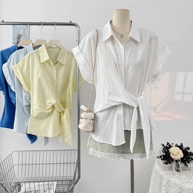 

Korean Sle Uneven Waist Tie ort Sve Collar irt Women Summer 2025 Faion Design Sense Youthful Versatile Top