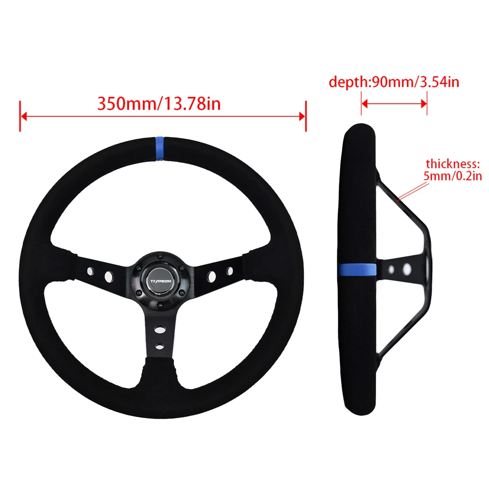 

TIYPEOR Suede Leather Special Steering Wheel 350mm Diameter Sport Steering Wheel with 90mm Deep Racing Style