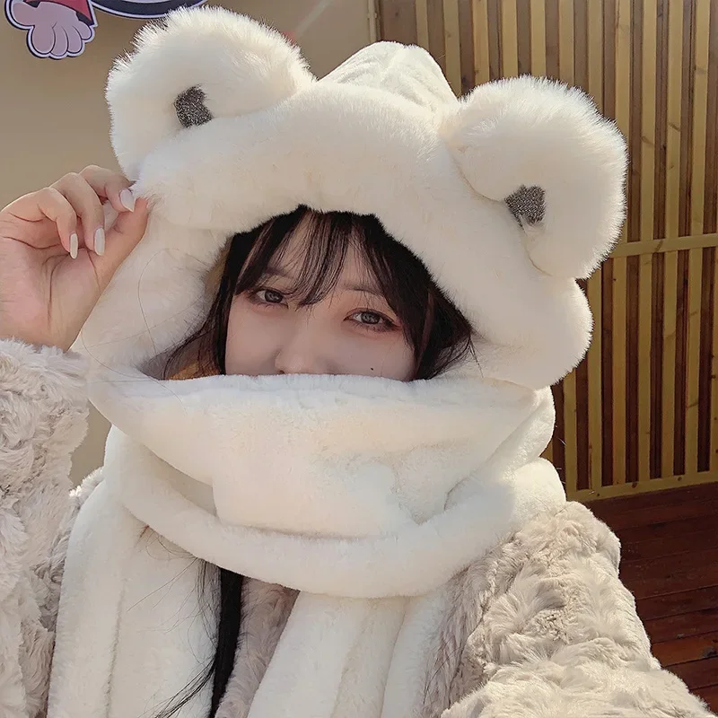 

2022 New Winter Thickened Bear Hat Scarf All-in-one Female Korean Version Cute Fashion for Cycling Warm Gloves Three-piece Set