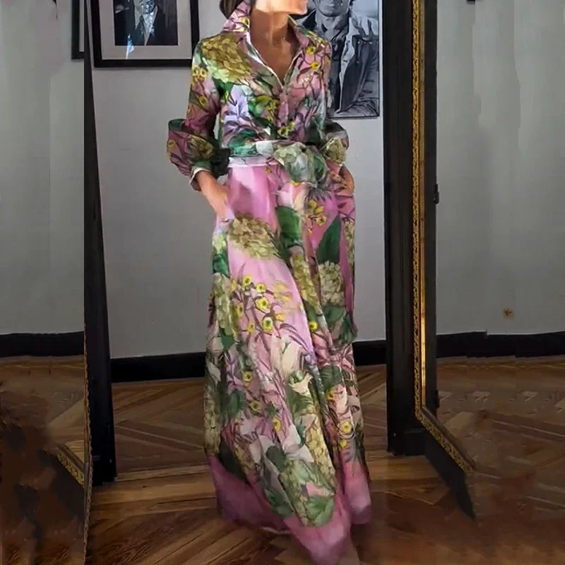 

2025 Fashion Lace Up Party Outfit Elegant Pattern Print Autumn 2 Piece Sets Casual Lapel Lantern Sleeve Shirt + Long Skirt Suit