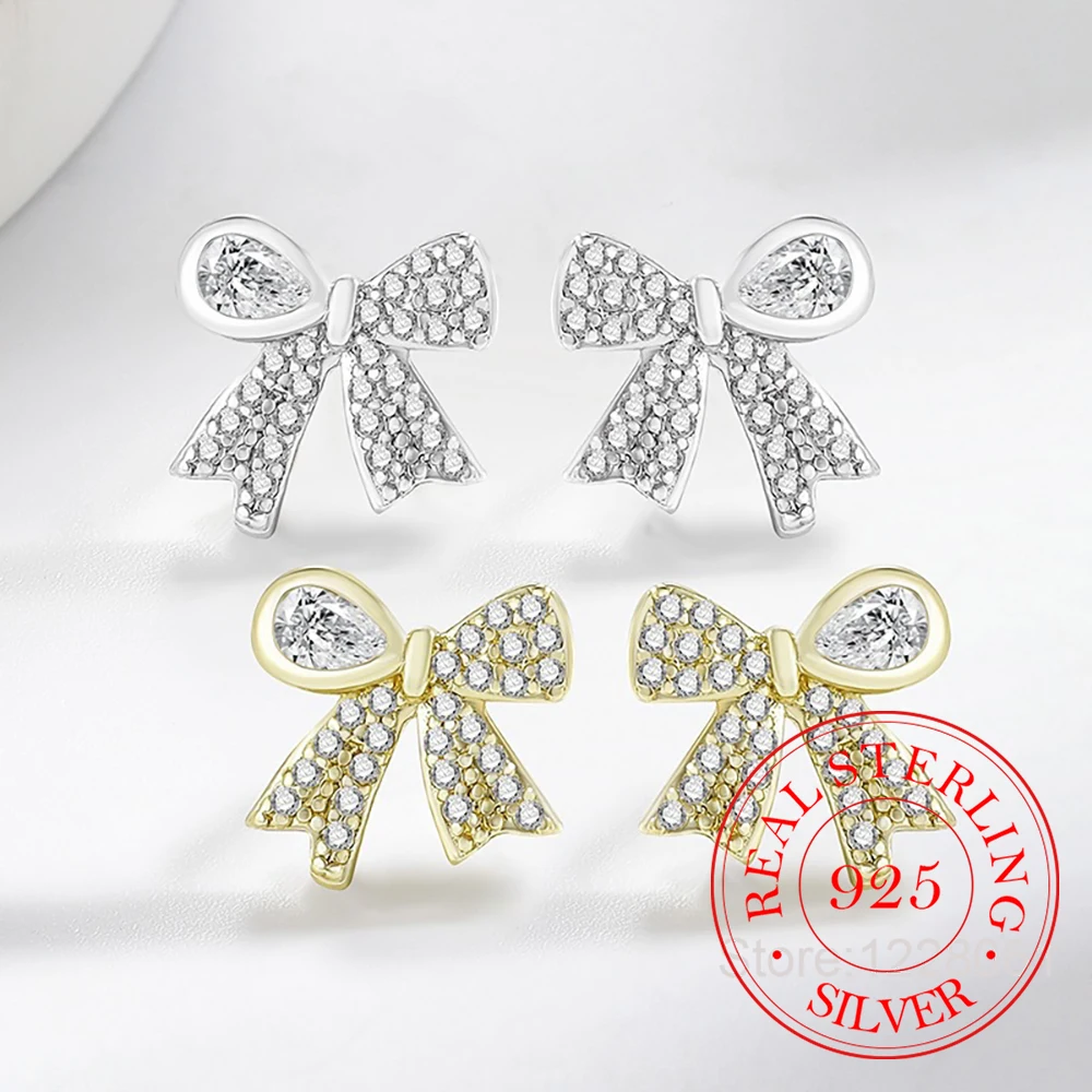 925 Sterling Silver Jewelry Crystal Cute Bowknot Stud Earrings for Women Wedding Party Jewelery for Girls Friends Gift