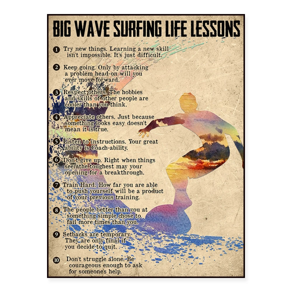 

Surfing print, surfing life lessons vintage poster, boy surfing lover gift, home decor