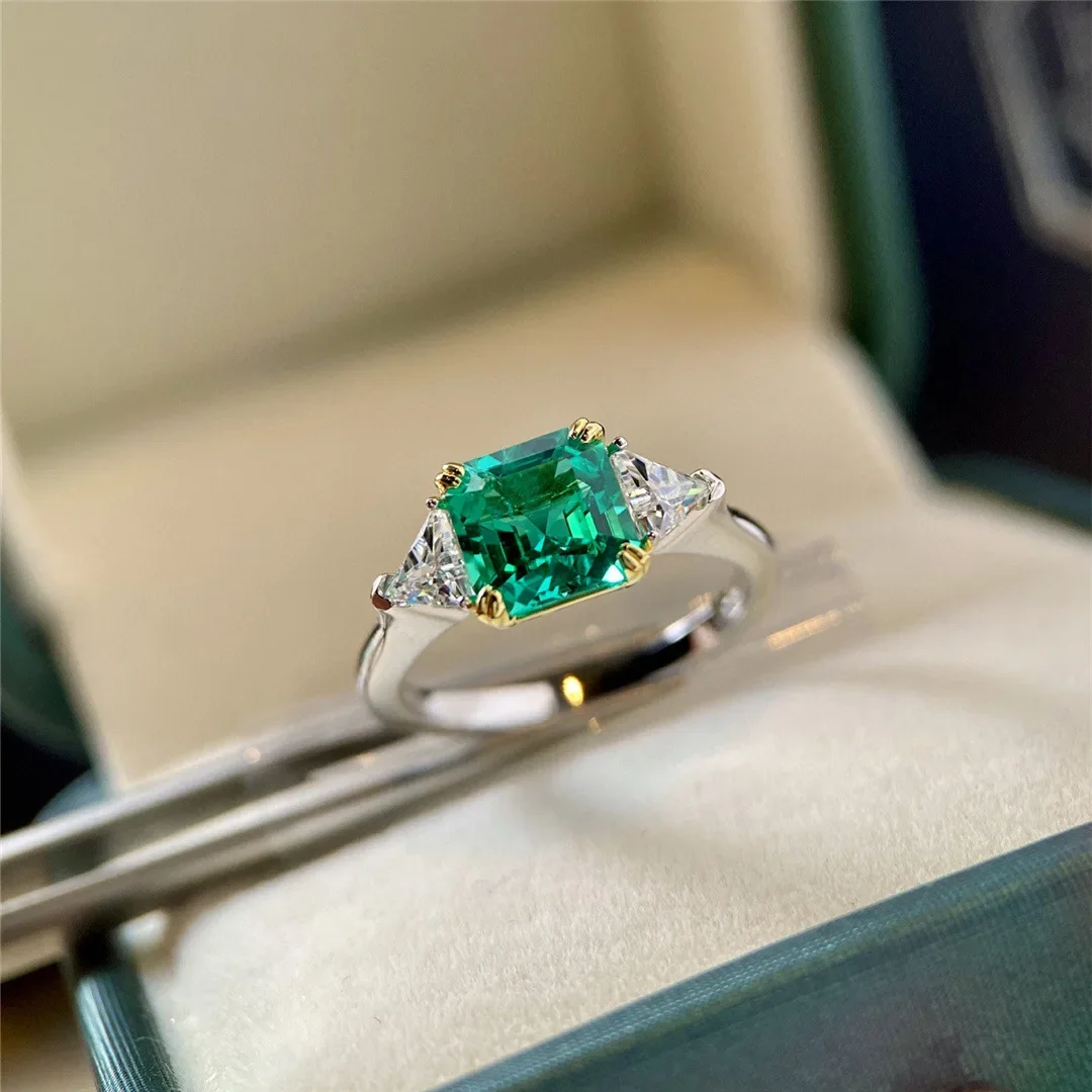 Cultivated Emerald Diamond Ring, Fashion S925 Silver 1 Carat Wood Shade Emerald Diamond Laboratory Diamond Ring