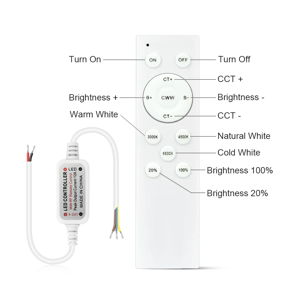 

LED CCT Strip Light Touch Controller DC12V-24V 20A PWM Dimming Controller for 2 Wire CCT COB Strip RF Remote Dimmer Switch