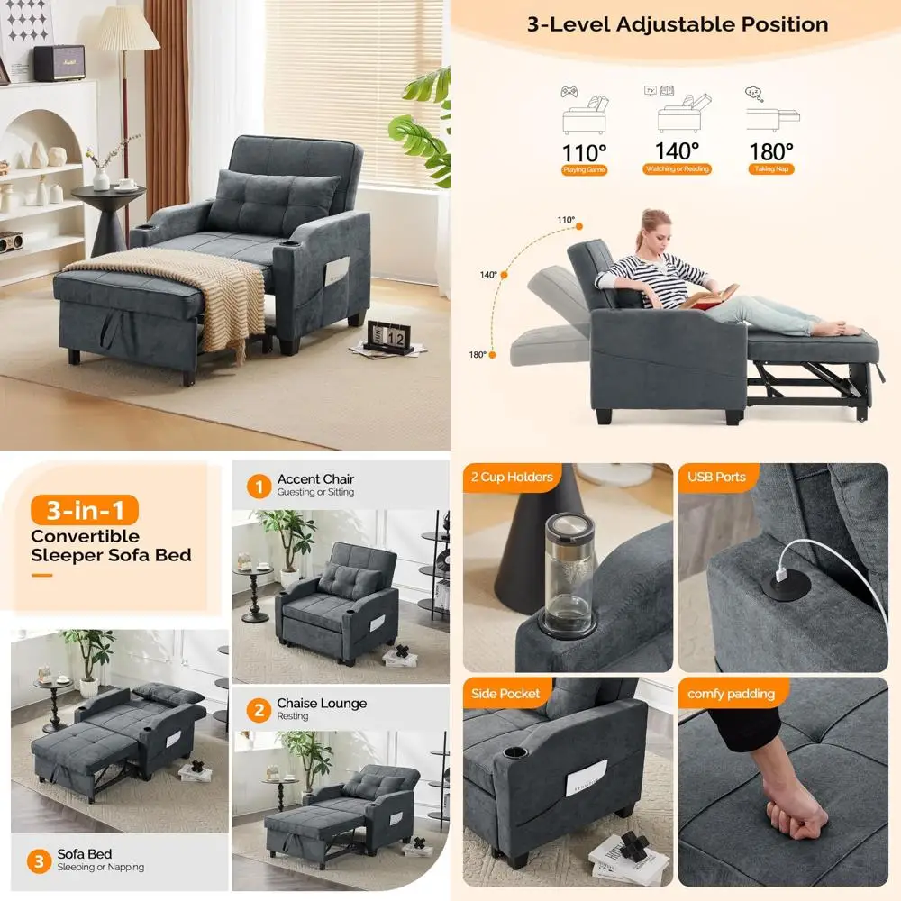 

3-in-1 modern convertible sofa bed with adjustable recliner, pull out couch, 2 usb ports, 2 cup holders, sleeper chair for comfo
