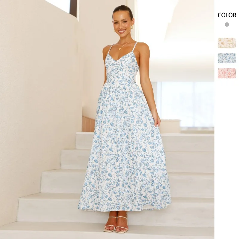 

2025 Summer New woman clothes V-neck Waist Resort Long Dress with Sexy Charm, Bareback Bow Tie Women's Dress
