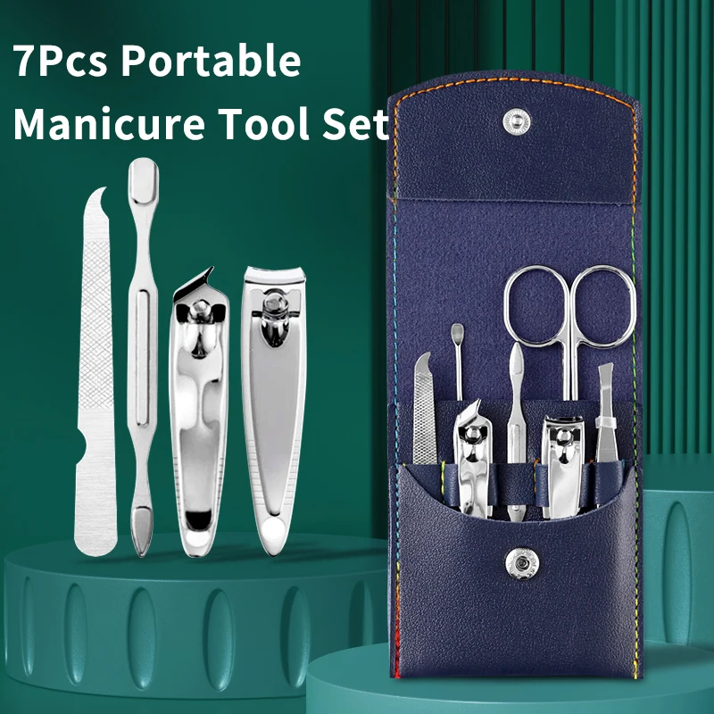 7Pcs Nail Clippers Set Professional Finger Toe Manicure Files Ear Spoon Grooming Tool With Leather Case Portable Nail Care Tools