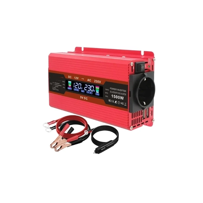 Automotive 12V 230V 650W (1500W Peak) Single Phase Auto Voltage Inverter LCD Display 2 USB Ports EU Plug Fan 90% Efficient