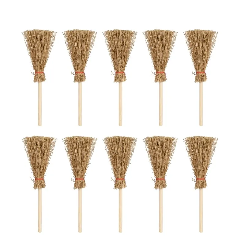 10/5/1Pcs Mini Broom Red Rope Straw Brooms Hanging Decorations For Halloween Party Costume Witch Broom Dollhouse Accessories