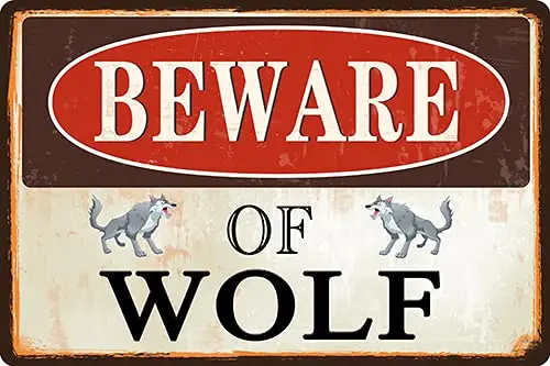 Metal Tin Sign Warning Beware of Wolf Pub Bar Retro Poster Home Kitchen Restaurant Wall Decor Signs 12x8inch