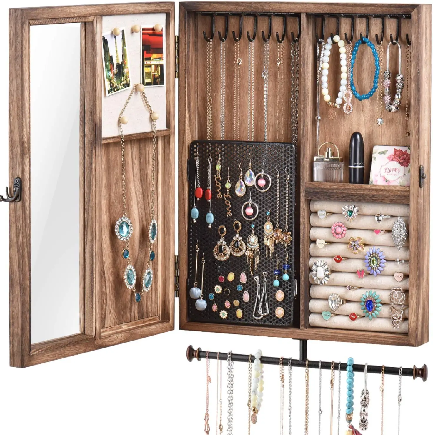 

Rustic Wood Wall Jewelry Organizer with Large Storage for Necklaces, Earrings, Bracelets and Rings