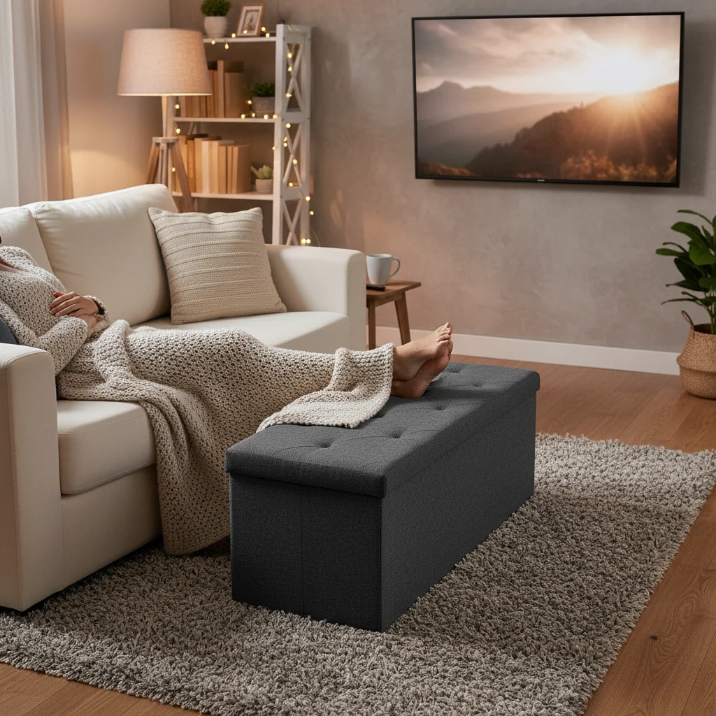 مقعد عثماني للتخزين قابل للطي مع مقعد مبطن، مقعد مسند للقدمين مقاس 43 بوصة لغرفة النوم أو غرفة المعيشة، يدعم 660 رطلًا #5