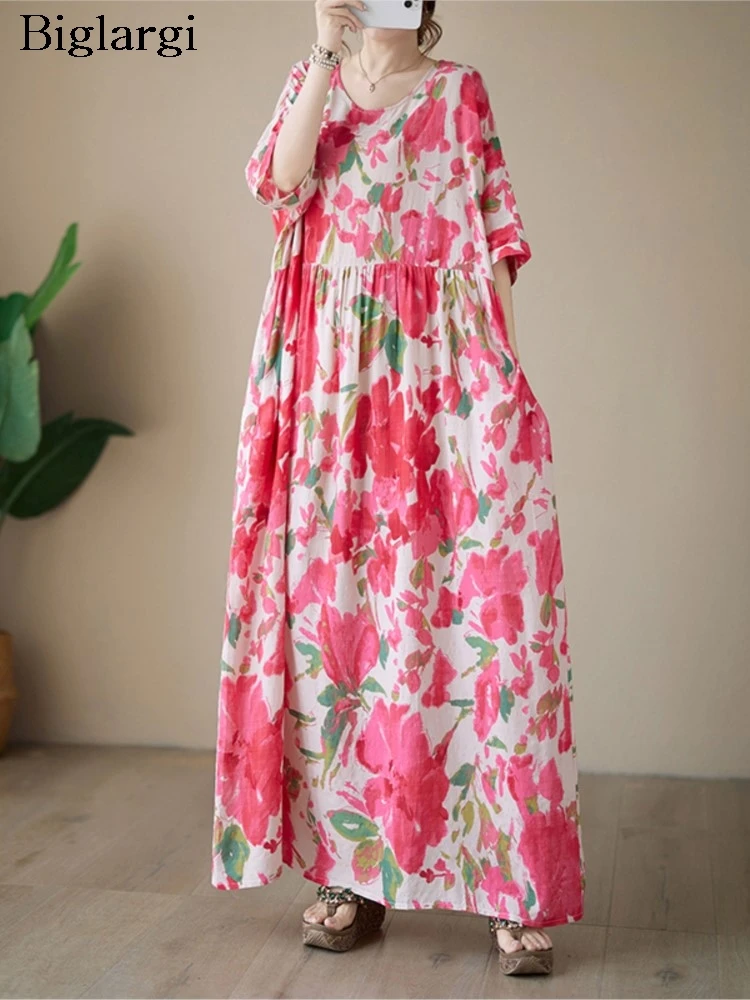 

Oversized Summer Bohemia Style Long A-Line Dress Women Loose Ruffle Pleated Modis Ladies Dresses Short Sleeve Casual Woman Dress