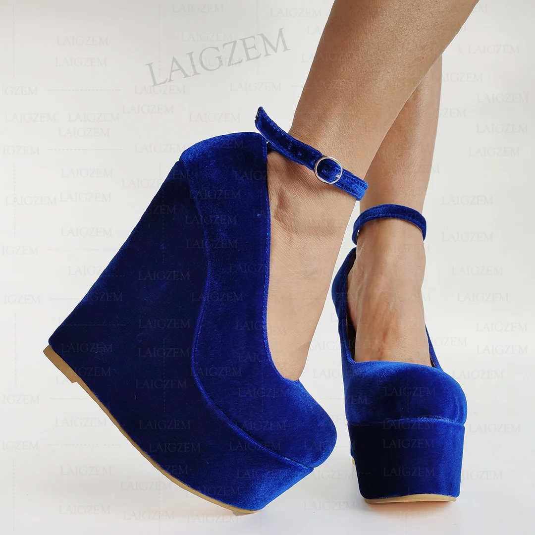 LAIGZEM Women Pumps Velvet Platform Wedges High Heels Sandals Ladies Height Increase Party Prom Shoes Woman Big Size 41 42 50 52