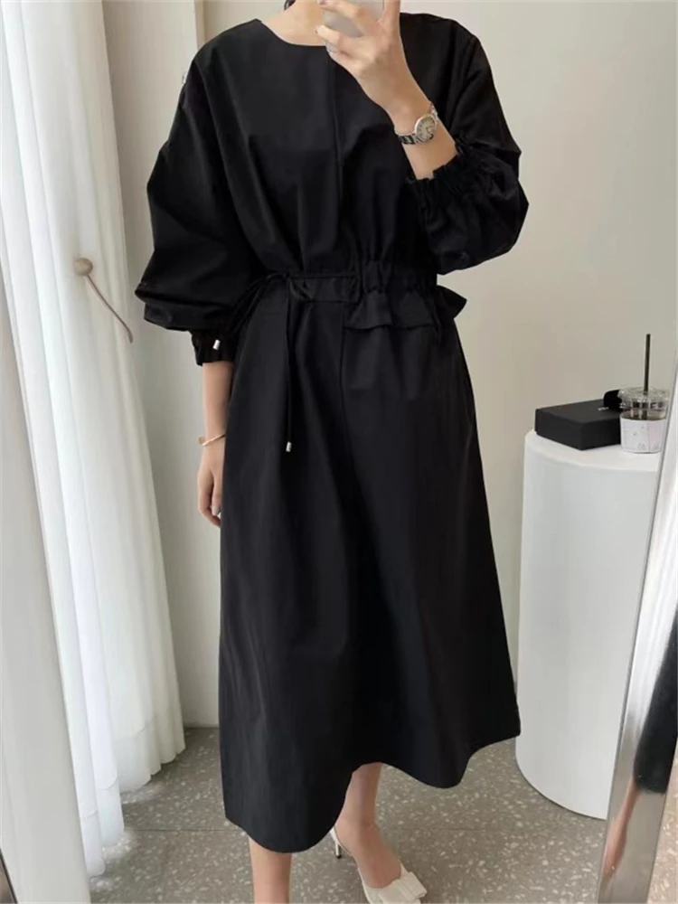 REALEFT 2024 New Lace Up Women\'s Shirts Dresses O-Neck Puff Sleeve Solid Casual Loose Straight Long Dresses Female Spring Autumn