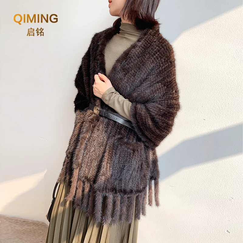 Long Style Large Winter Scarf Real Mink Fur Scarf Fringe Lady 100% Natural Mink Fur Shawl Women Knitted Fur Pashmina Scarves