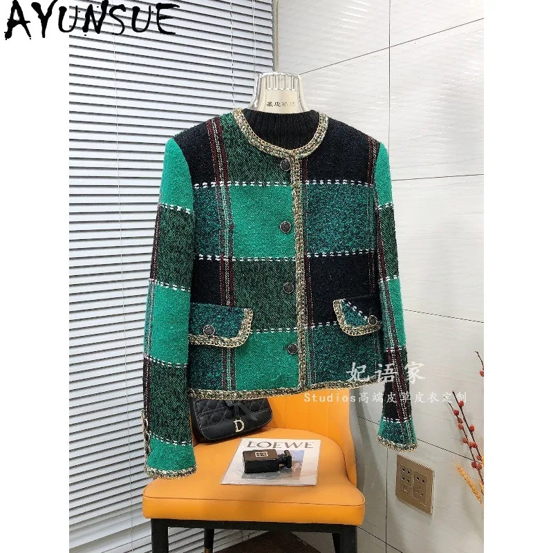 AYUNSUE Women's Woolen Coat Fashion Plaid Commuter Jackets for Woman Light Luxury Green Short Jakcet Woman Clothes Ropa Mujer