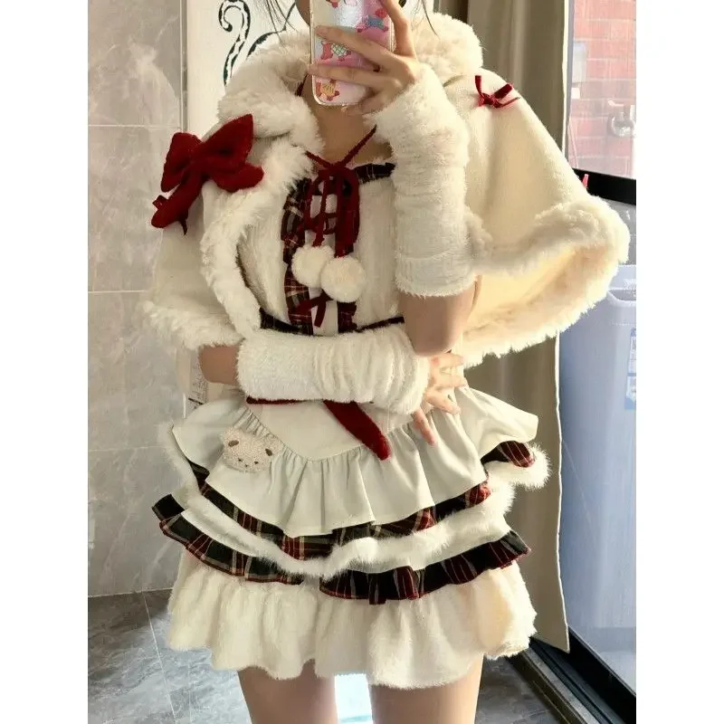 Japan Winter Kawaii Lolita Dress Sets Women Bow Hooded Shawl Short Jackets Plaid Patchwork Mini Dresses Korean Christma Suit