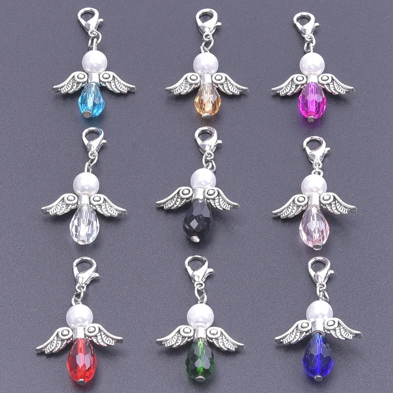 

9PCS Angels Keychain Guardian Angel Wings Charms For Jewelry Making Supplies Colorful Crystal Beads Lobster Clasp Accessories
