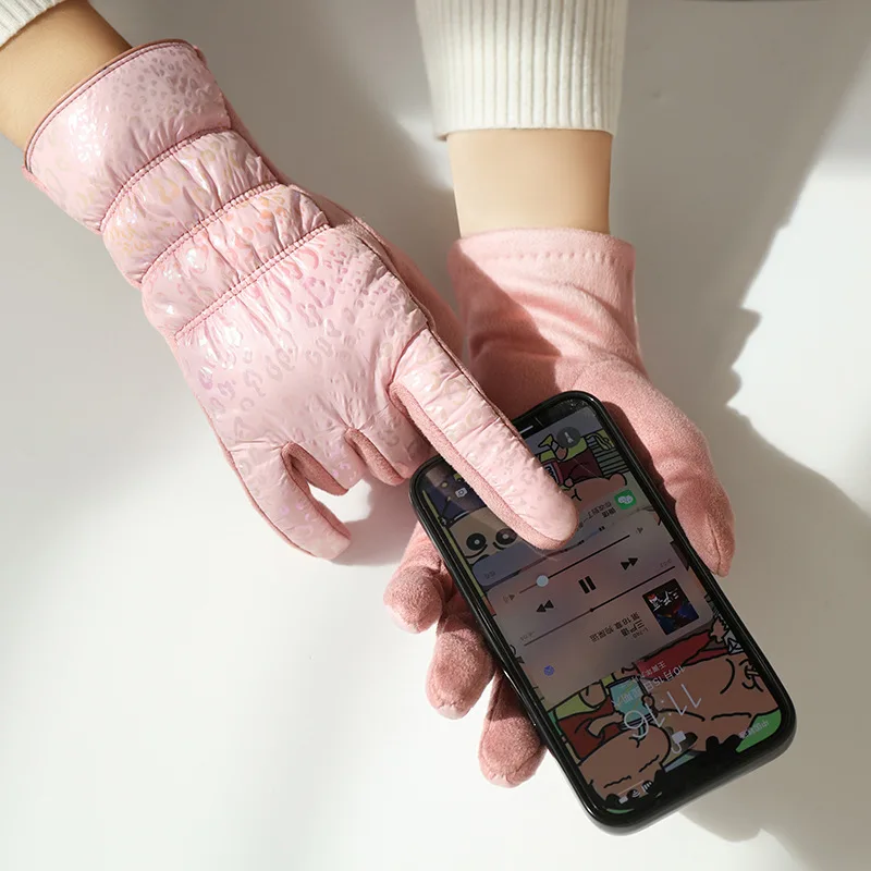 Glänzende Leoparden korn handschuhe Winter verdicken Frauen, die im Freien fahren und wind dichte warme Grace Lady Fashion Touchscreen-Fäustlinge radeln