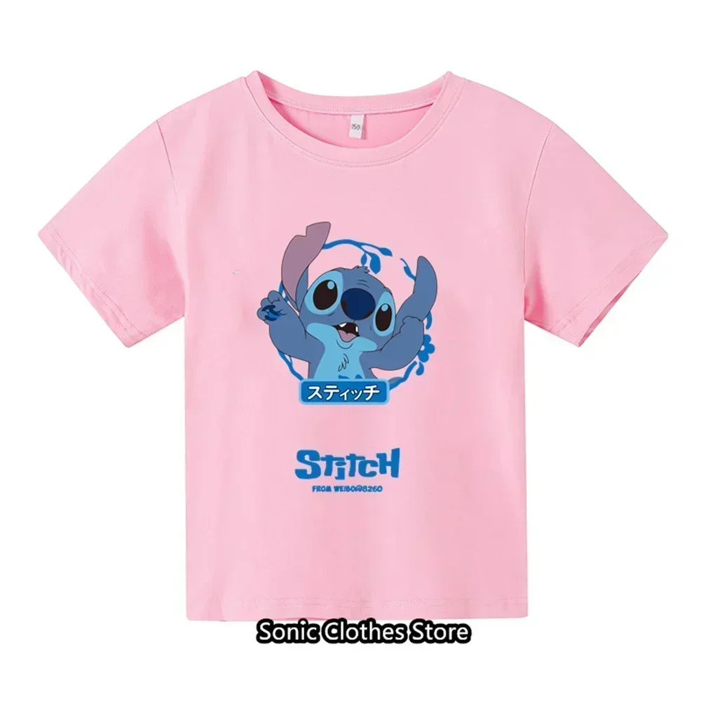 2024 New T-shirt 3-14 Year Old Children's Top Lilo&Stitch Kawaii Cartoon Pattern Children's T-shirt Fashion Casual Style