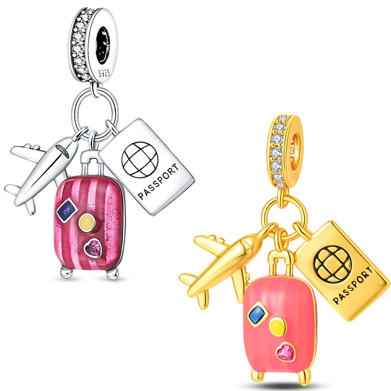 Hot Sales 925 Sterling Silver Luggage Airplane Passport Three Piece Set Charms Pendant Fit Original Bracelet DIY Women Jewelry