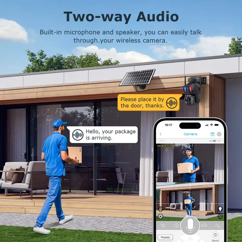 Solar Powered Security Camera Outdoor,4G/WiFi Dual Lens,20x/36x Zoom,6MP Resolution,PIR Human Detection,Color+IR Night Vision