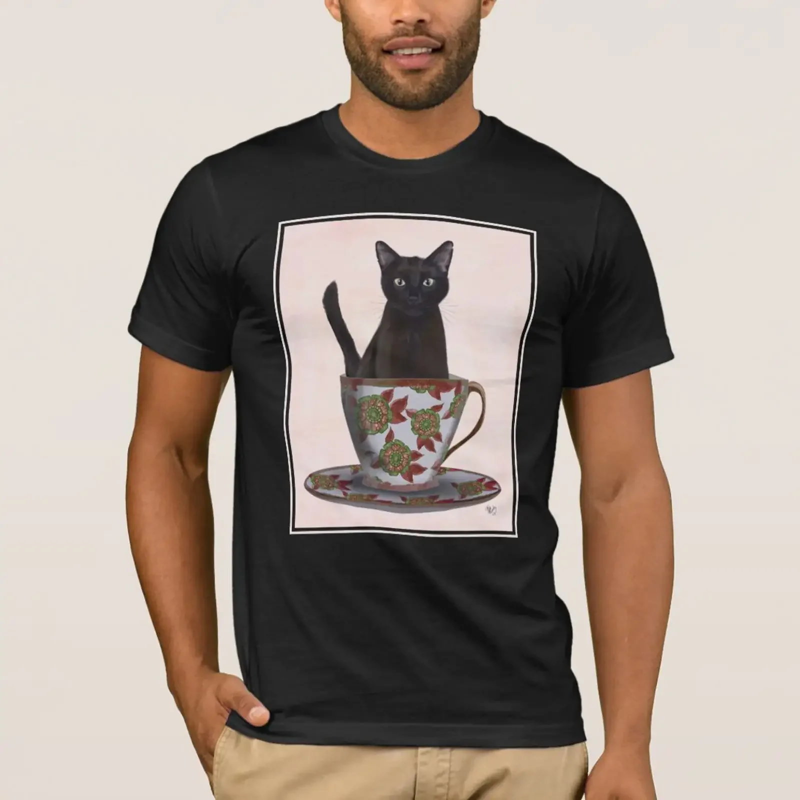 Black Cat in Teacup T Shirt vintage Washed Versatile Comfortable homme Breathable streetwear Unisex Slightly Stretched