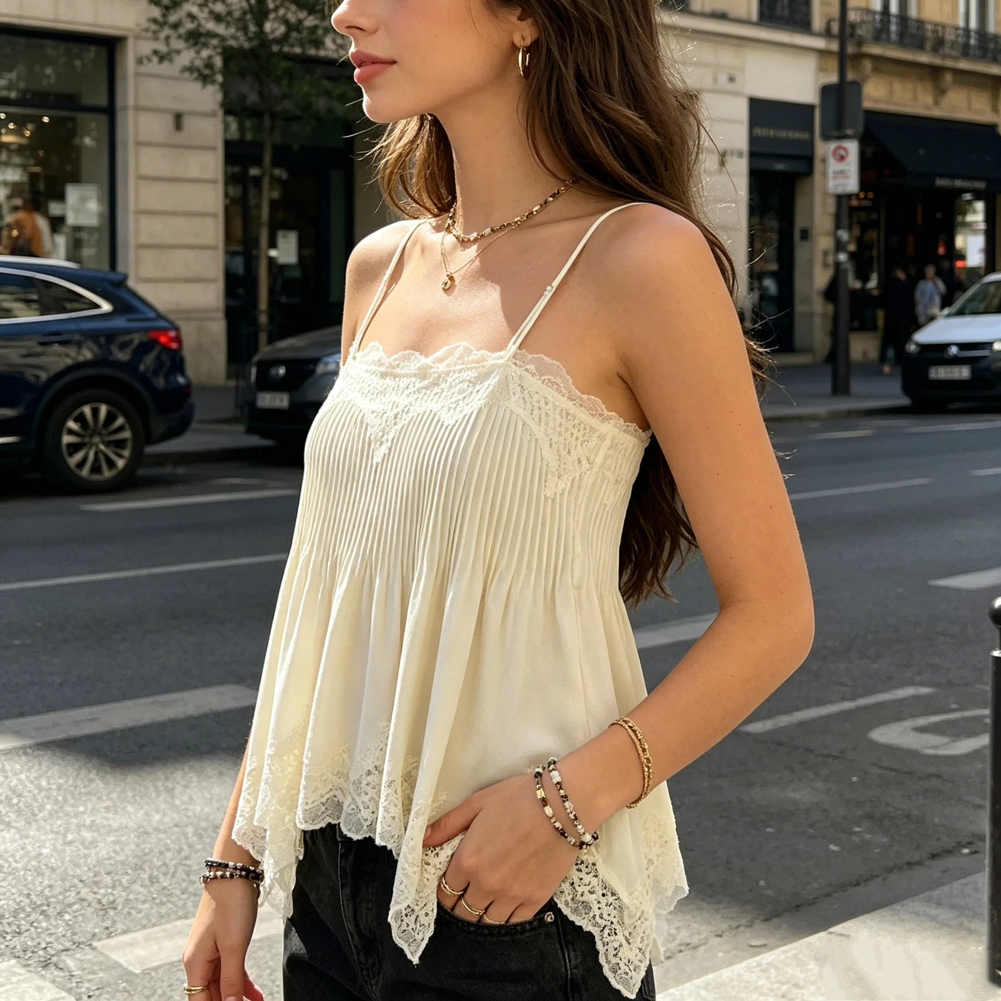 Women Lace Trim Accordion Pleat Vest Top 2026 Summer Sleeveless Loose Fit Pleated Blouse Casual Layering Tank Top for Woman