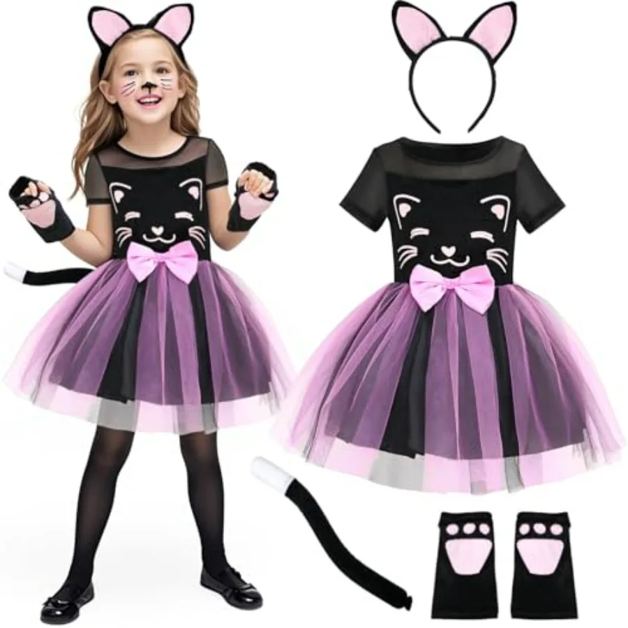 Girls Cat Costume Toddler Kitty Dress Costumes Accessories Cat Ears Headband Gloves Tail Halloween Dress Up Cosplay