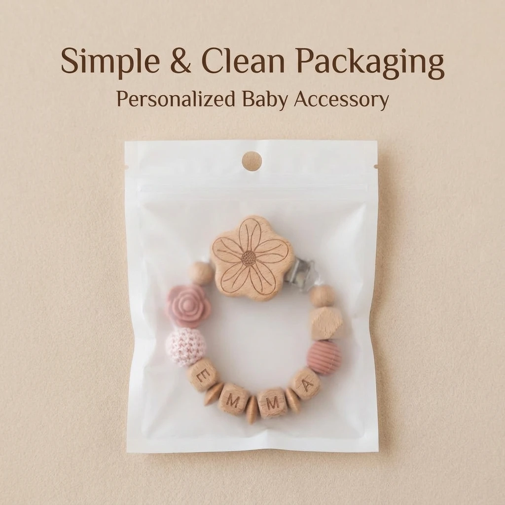 Attache-tétine personnalisée prénom en bois et perles, fleur rose – Cadeau de naissance