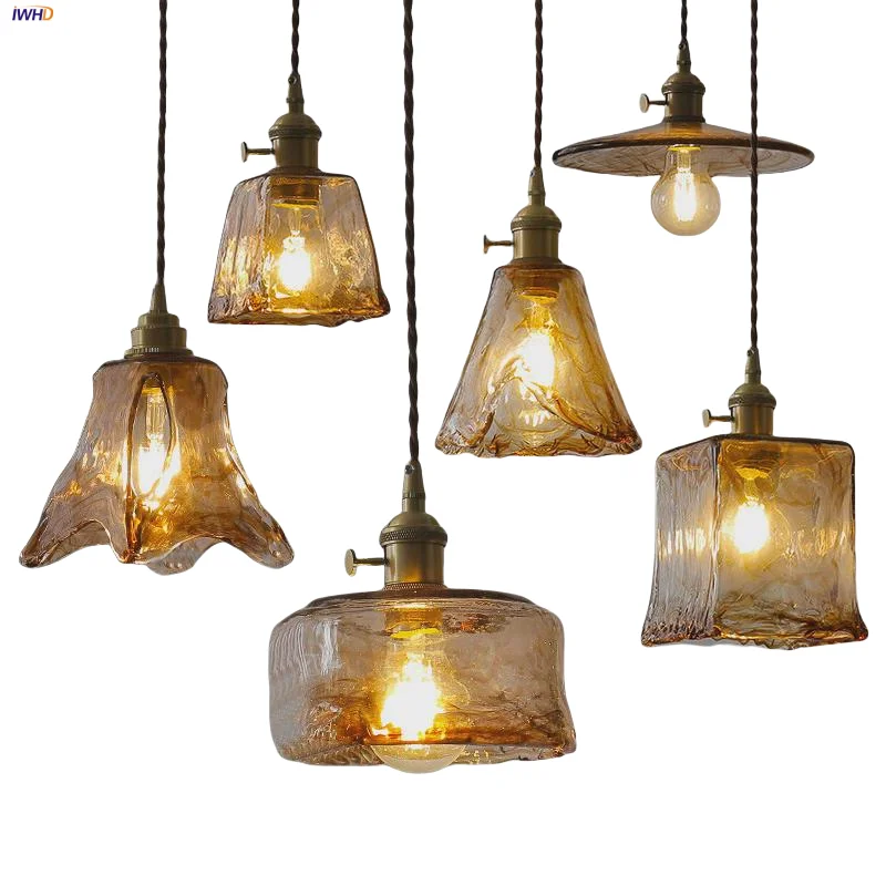

IWHD E27 Copper LED Pendant Lights Bar Cafe Dining Room Wire Adjustable Vintage Loft Amber Glass Hanging Light Fixture Hanglamp