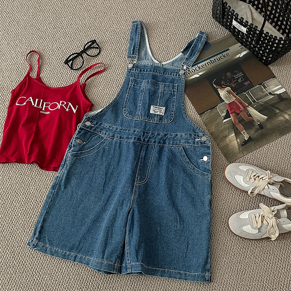 

2025 Summer Denim Jumpsuit for Ladies Women's Korean Spaghetti Strap Jean Overalls Casual Commute All-Match High Waist Shorts
