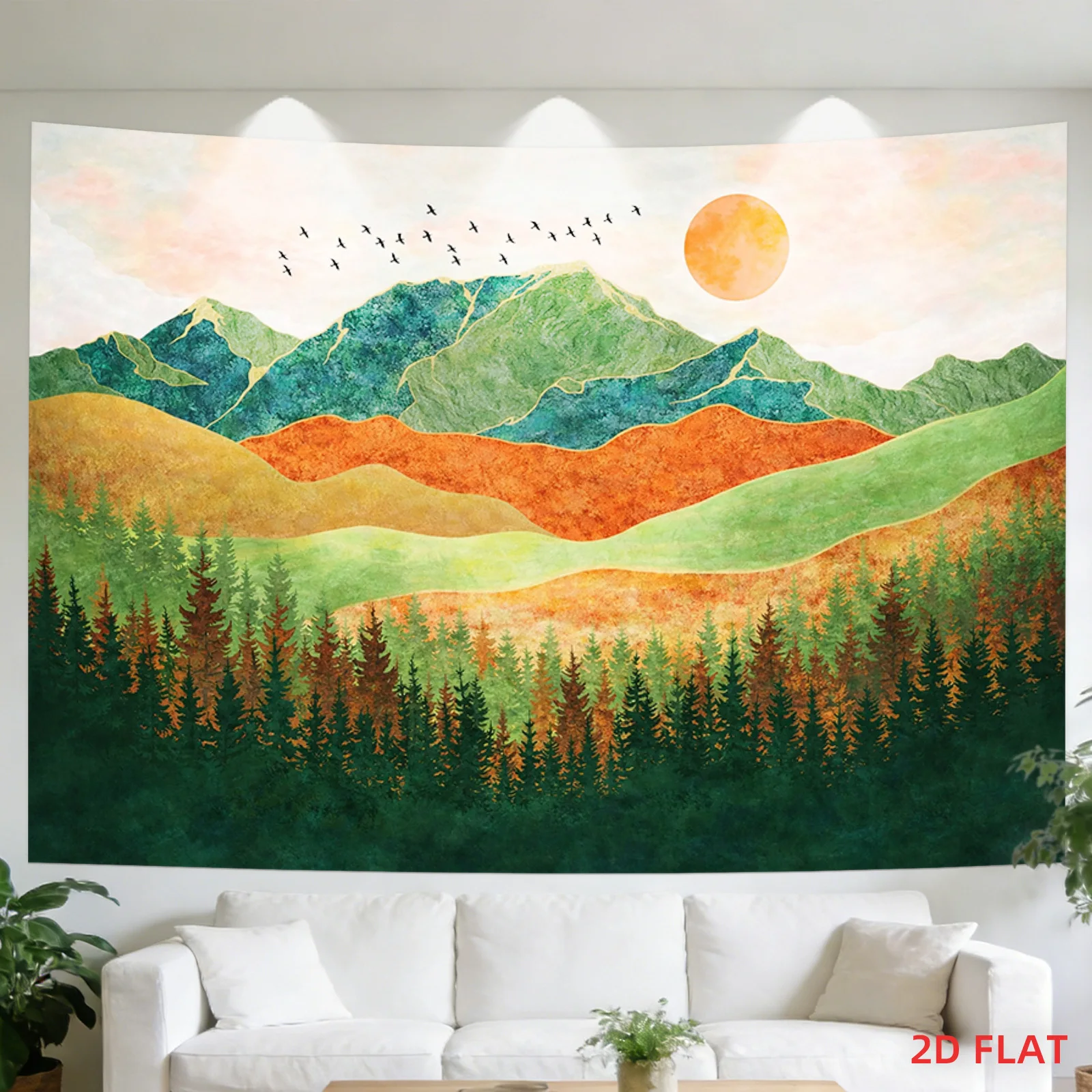 Mountain Landscape Tapestry with Sunrise Birds Forest and Layered Hills aesthetic room decor Wall Decor