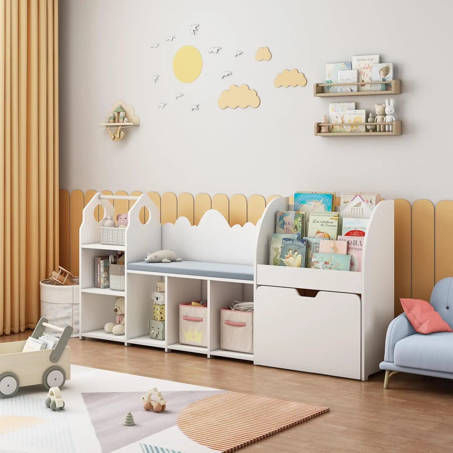 Ivory White 67 Inch Kids Reading Nook Bench Seat Cushion Six Storage Cubbies Movable Drawers Bookshelf Bookcase Playroom Bedroom