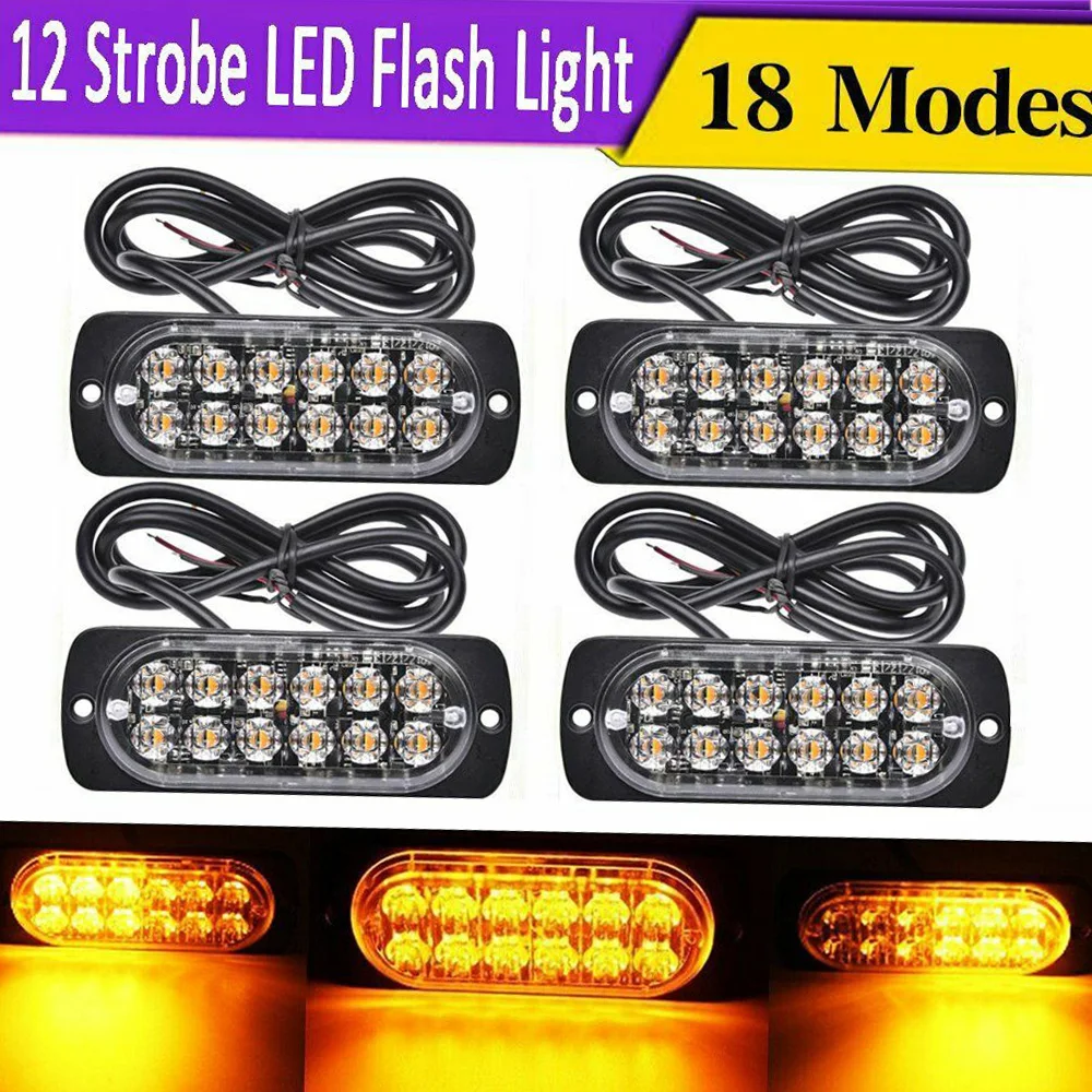 4pcs 12 Strobe LED Amber Hazard Beacon Emergency Flashing Side Marker Light Bars Warning Signal Towing Truck Flashing Lamp